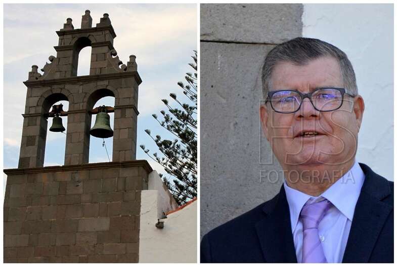 Imagen reciente del cronista oficial de Telde, Antonio María González Padró, y espadaña de la iglesia de San Francisco (Foto TA)
